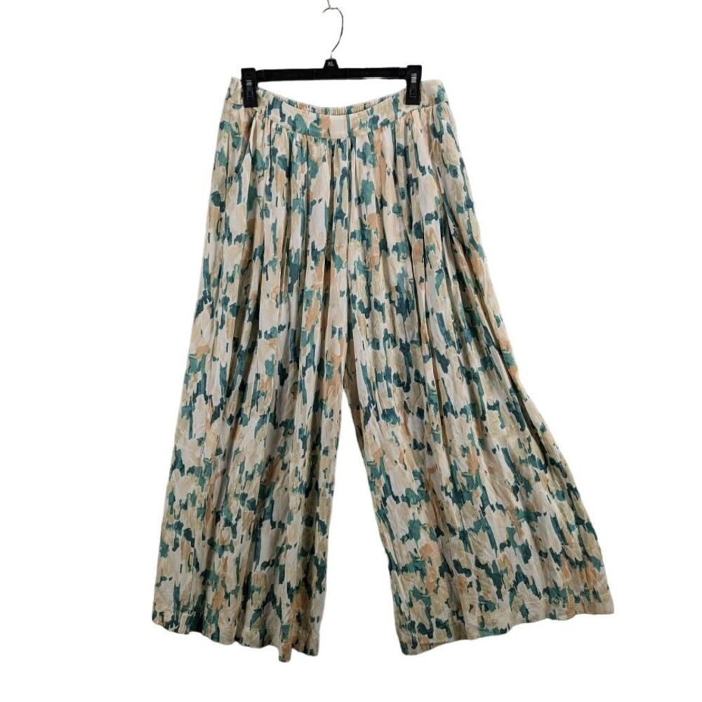 Maeve Wide Leg Pleated Pants in Teal and Cream Abstract Print